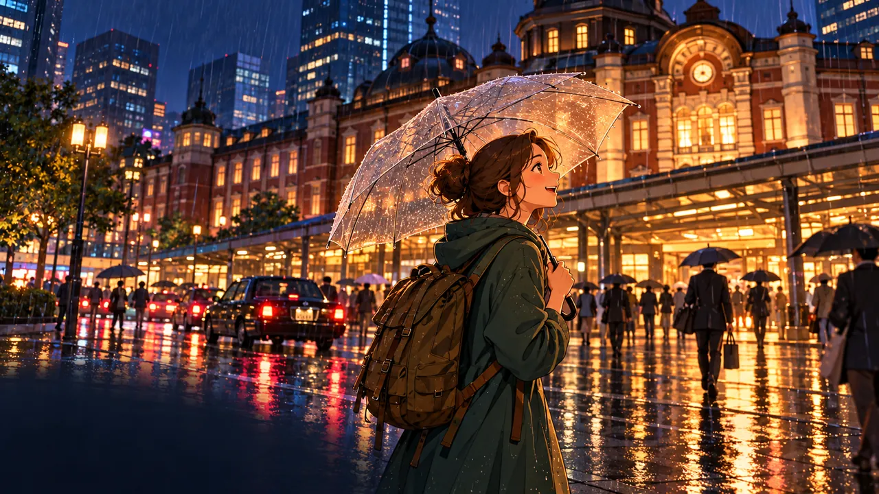 A traveler beginning a rainy-night journey through Tokyo